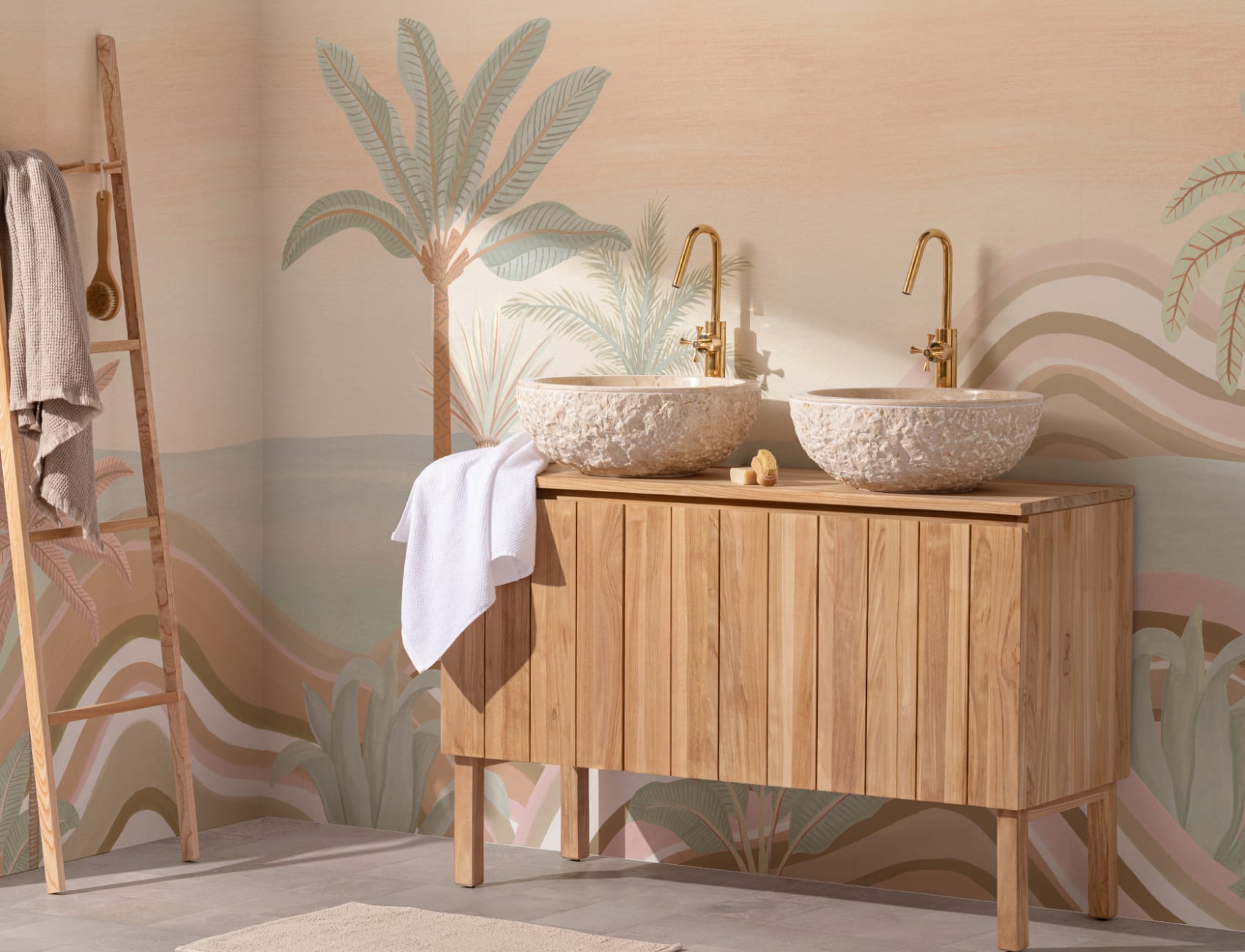 Mural de paisagem tropical em pastel