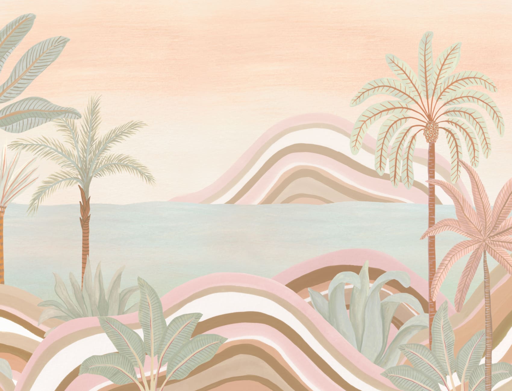 Mural de paisagem tropical em pastel