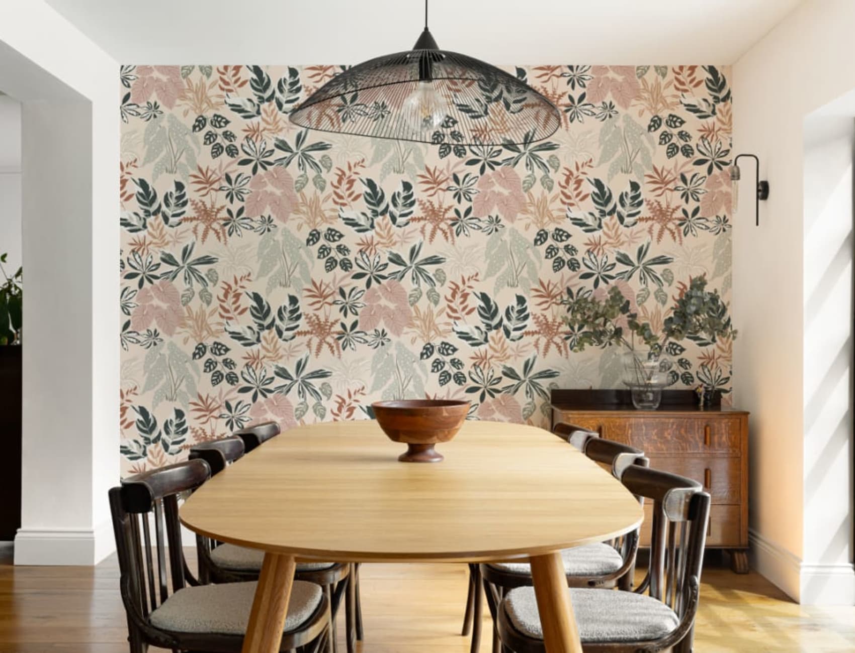 Neutral and Green Modern Botanical Plants Repeat Pattern Wallpaper
