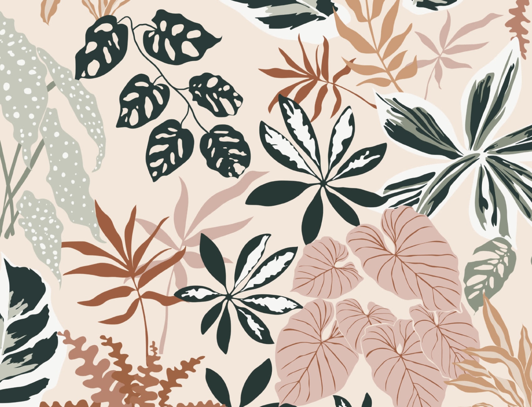 Neutral and Green Modern Botanical Plants Repeat Pattern Wallpaper