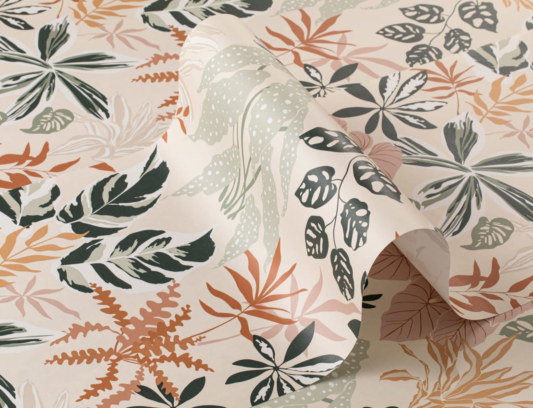Neutral and Green Modern Botanical Plants Repeat Pattern Wallpaper