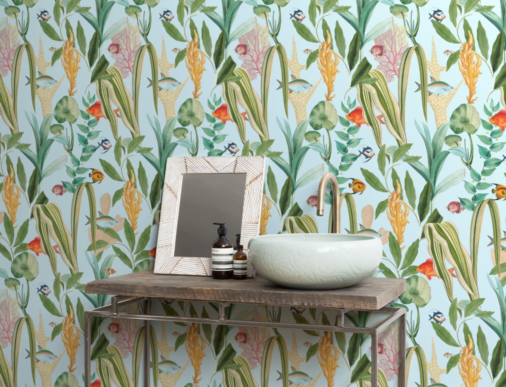Papel de parede costeiro Blue Fish & Plants