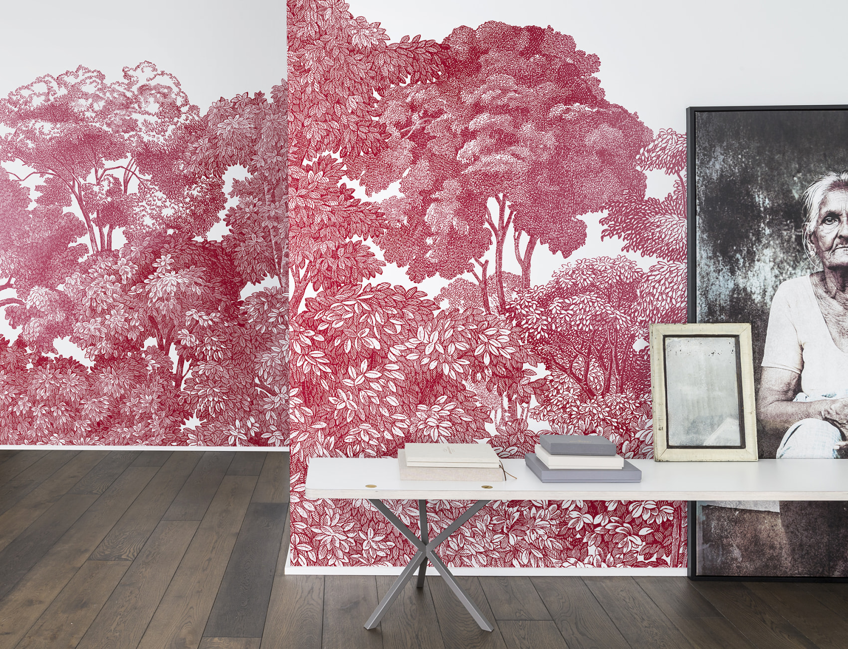 Red wallpaper with trees