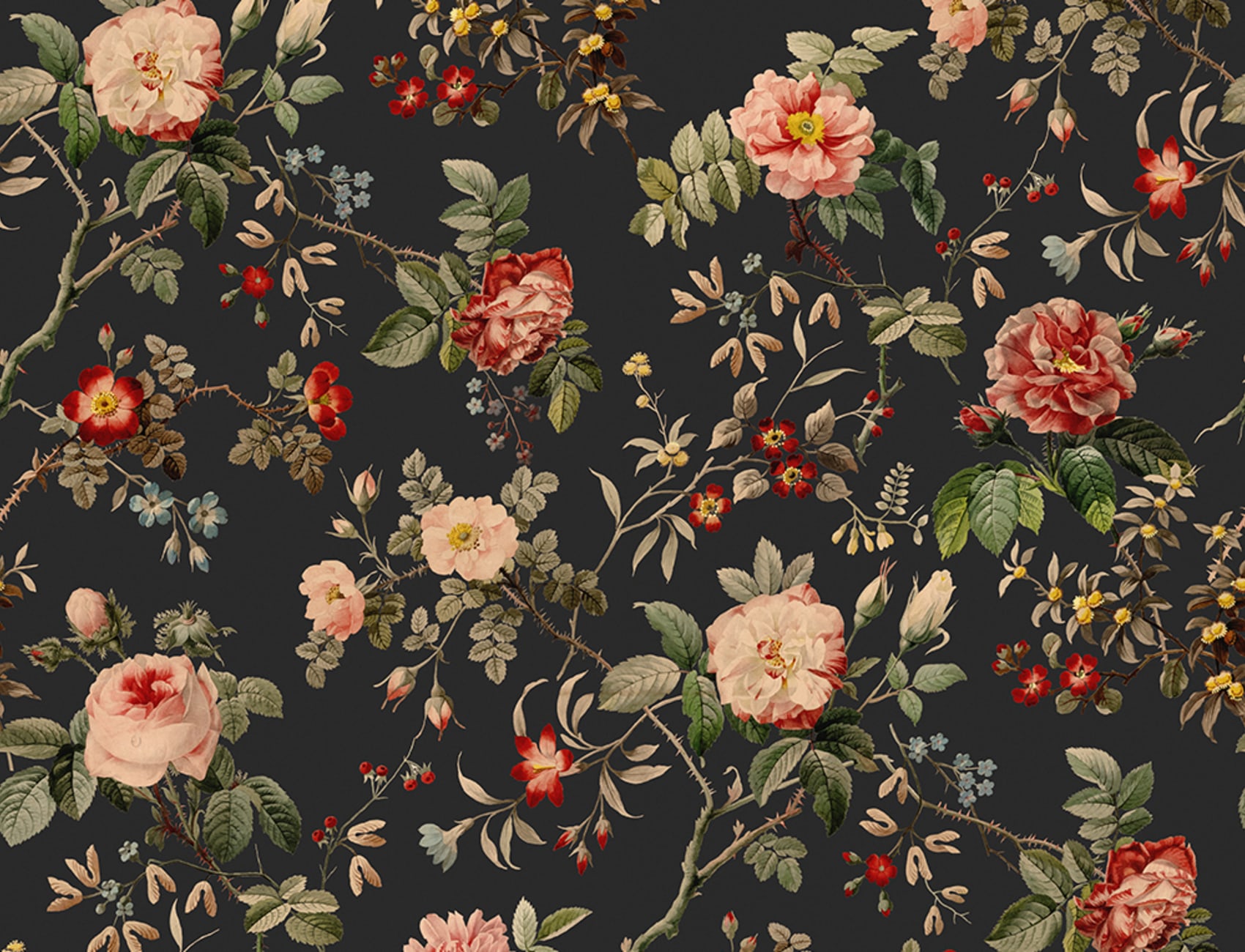 Red flowers and green leaves on dark vintage wallpaper