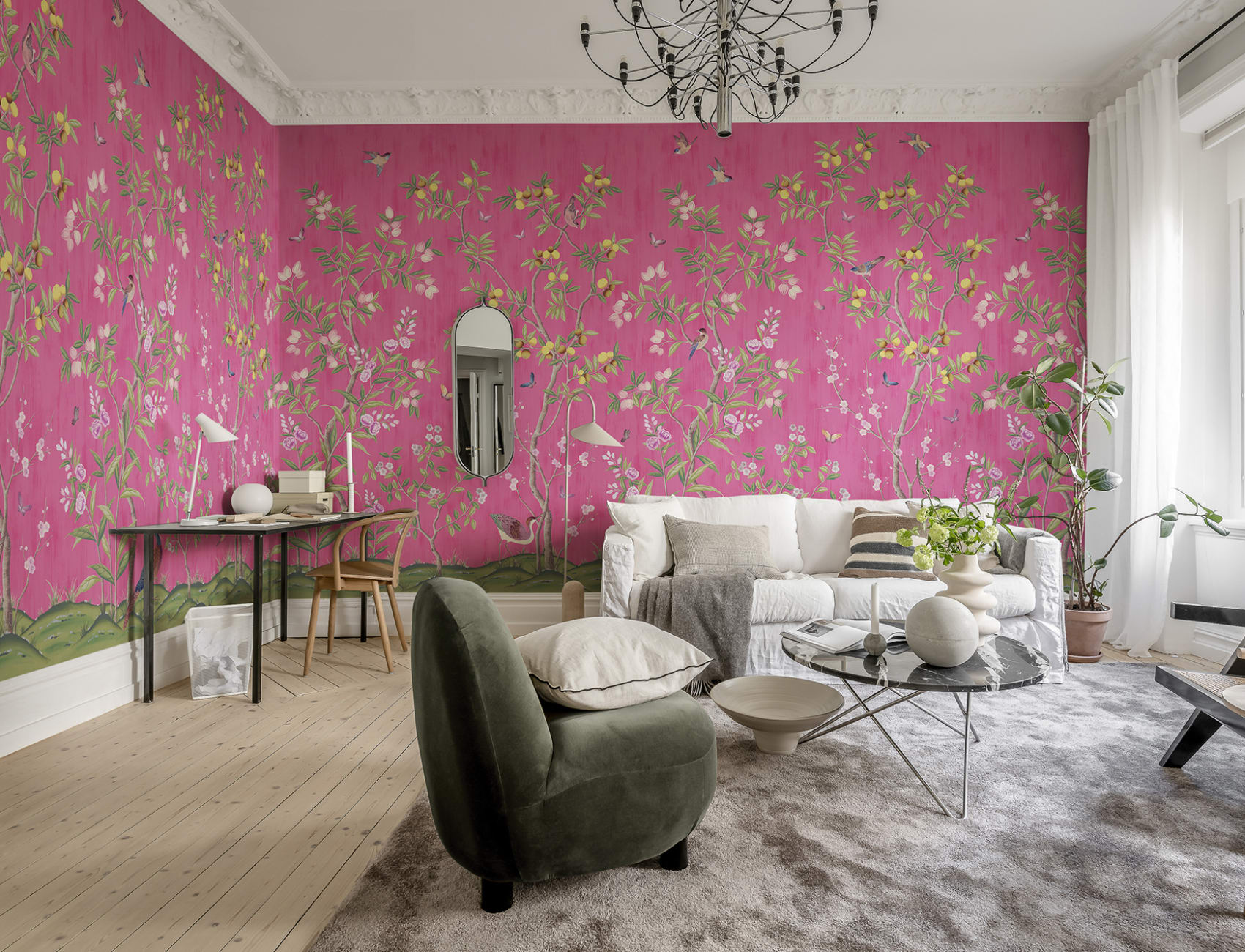 Rosa tapet med chinoiserie