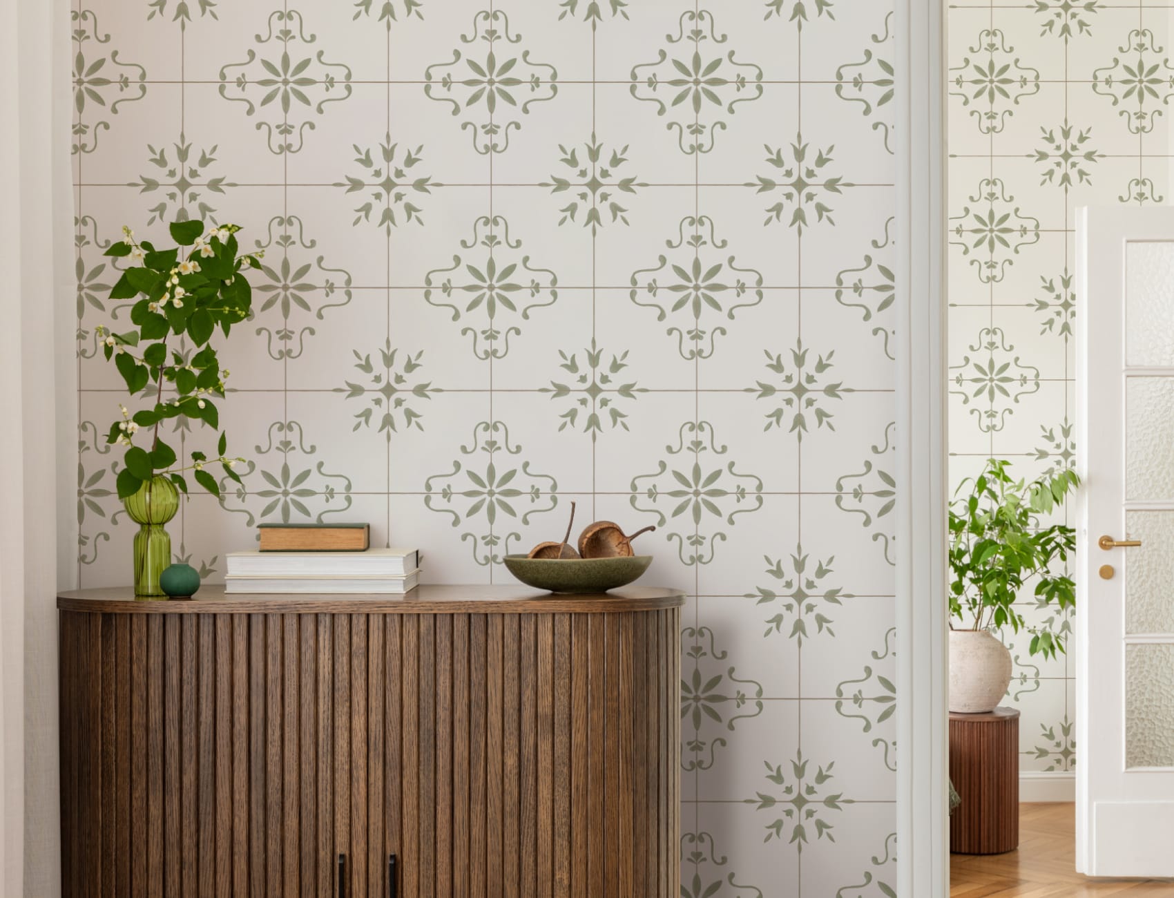 Carta da parati in stile vintage con motivo a piastrelle verde azulejo