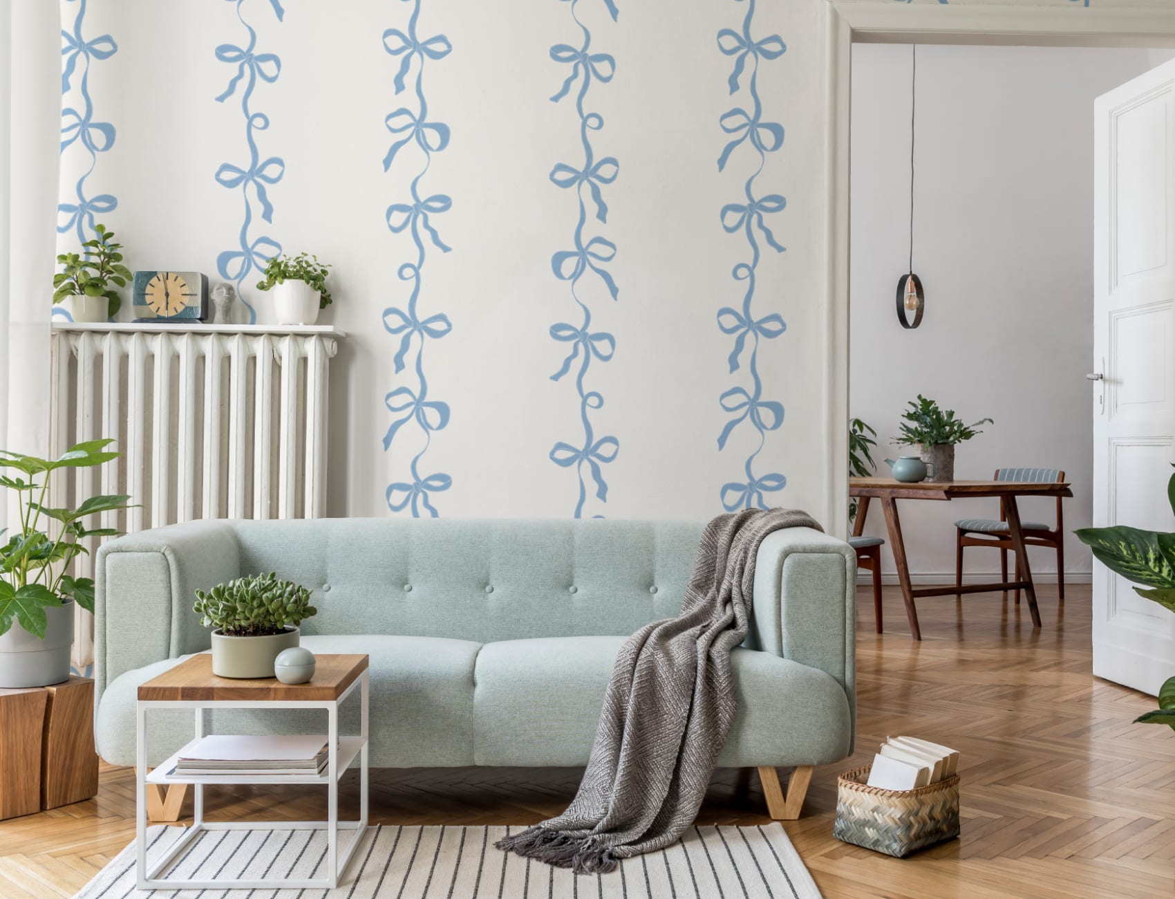 Blauw lint Strepen muurschildering