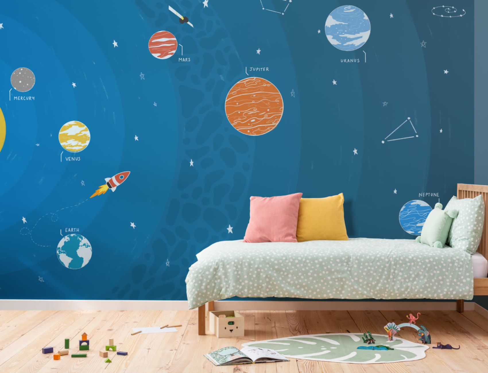 Albastru educaționale planete spațiale & Rocket Wallpaper Mural