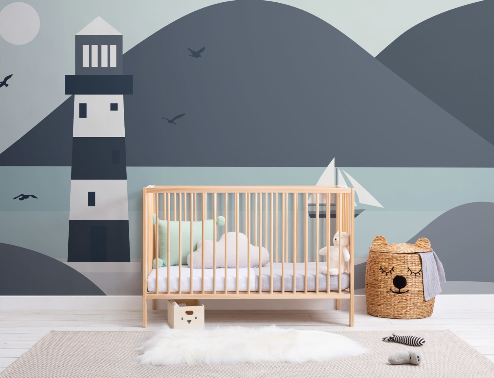 Lighthouse Beach Scene Wallpaper Mural