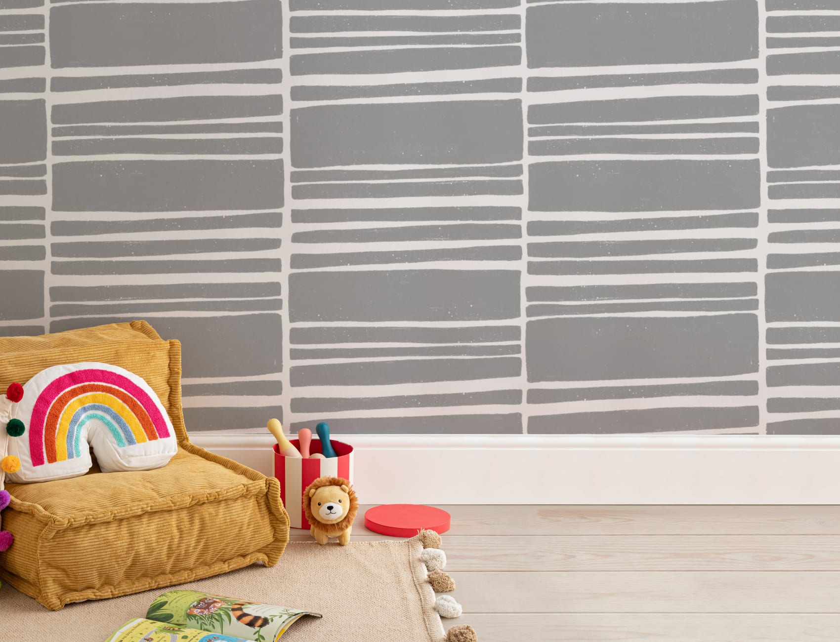 Papier Peint Panoramique Texturé à Rayures Horizontales en Gris et Blanc