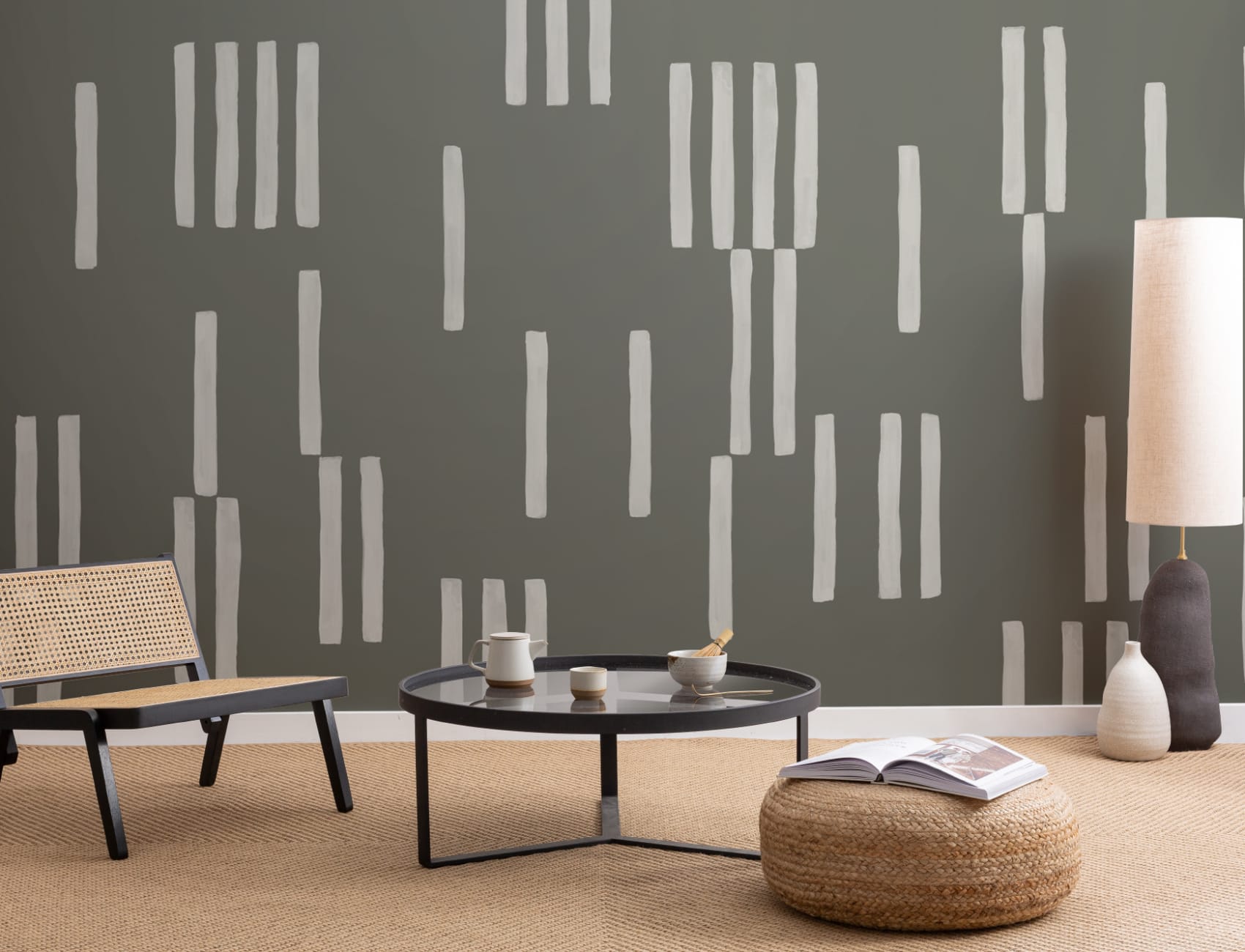 Hand Painted Line Geometric Mural in Moss Green