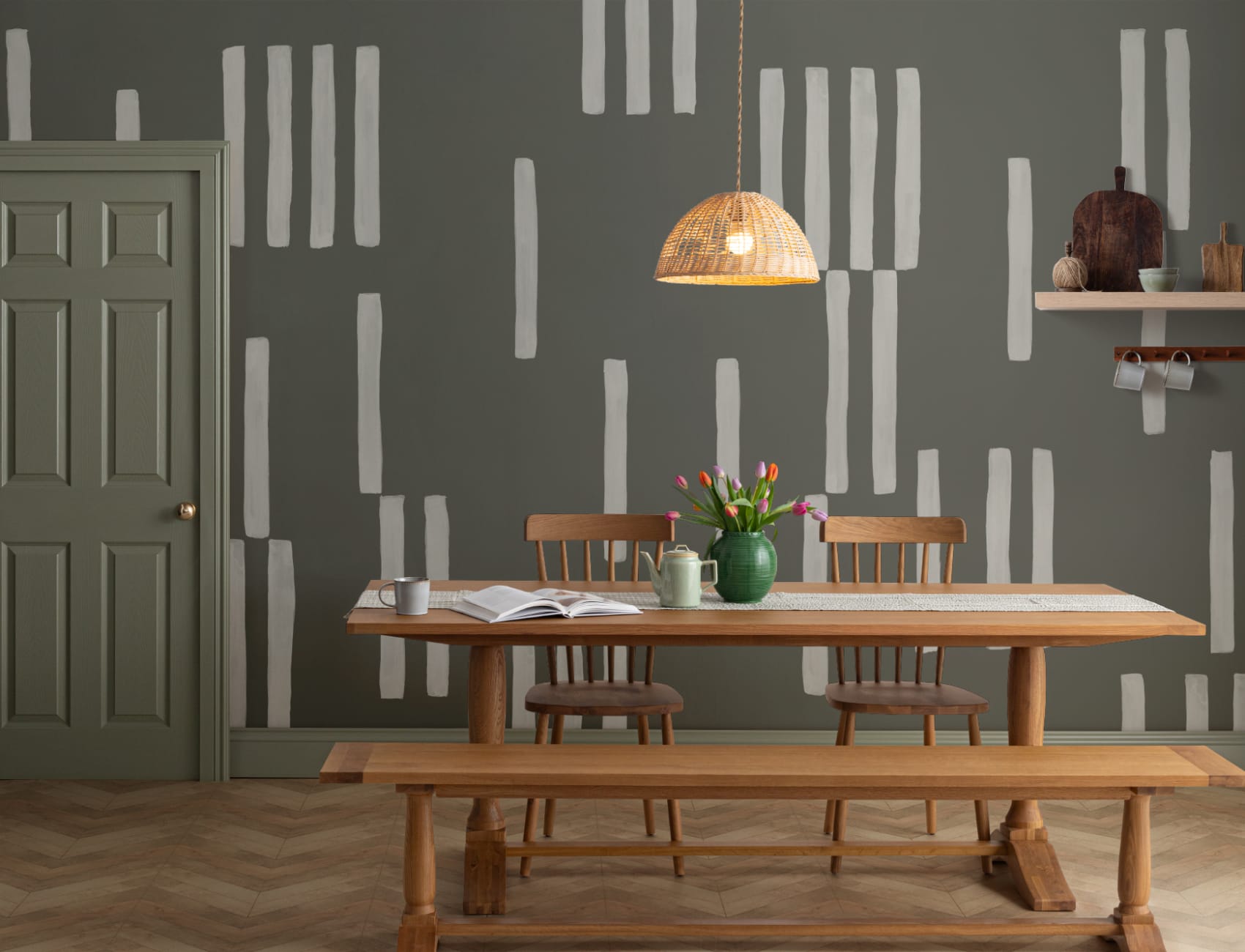 Hand Painted Line Geometric Mural in Moss Green