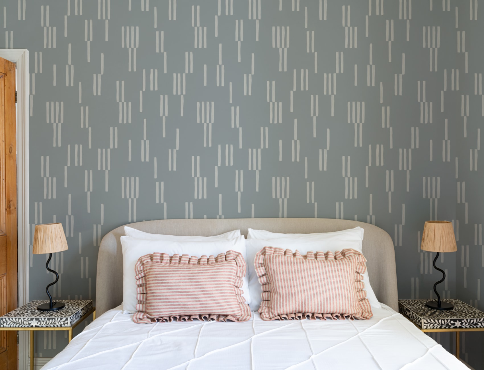 Hand-Painted Vertical Line Geometric Wallpaper in Stone Blue