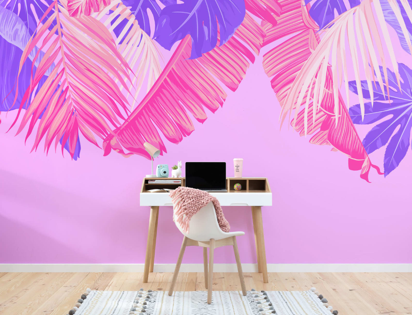 Helder Roze & Paarse Tropische Bladeren Behang Muurschildering