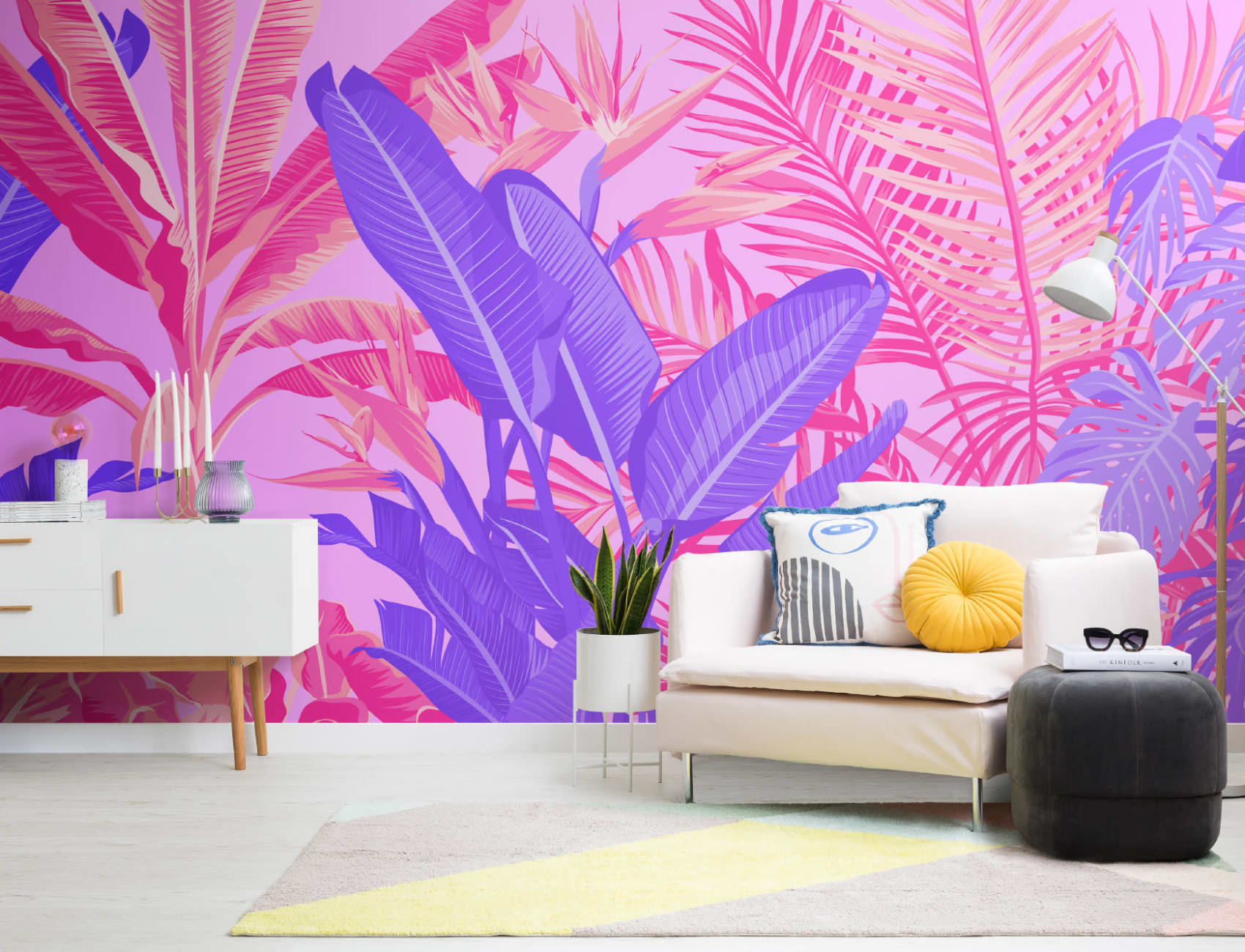 Mural Papel Pintado con Selva Tropical en Rosa y Morado Efecto Neón