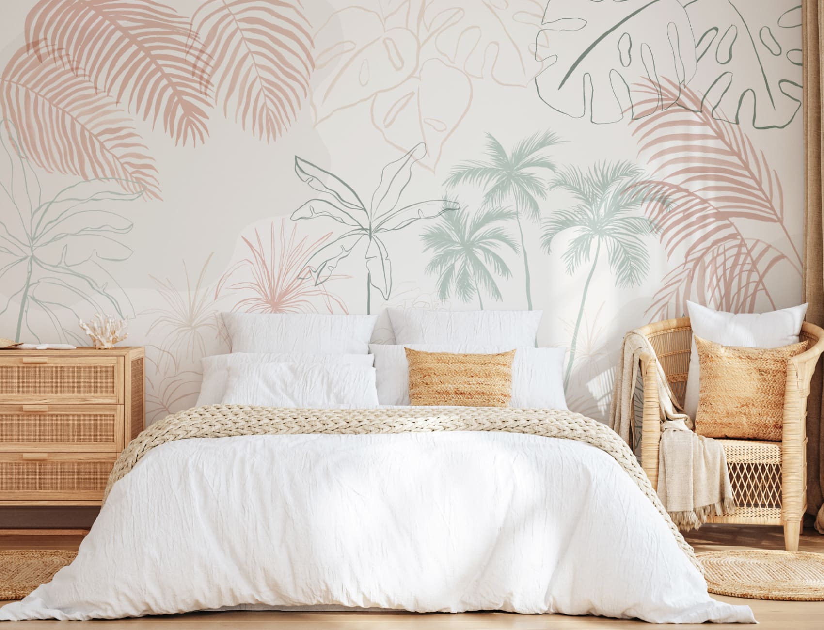 Carta da Parati Foresta Tropicale Stile Minimal in Rosa e Verde