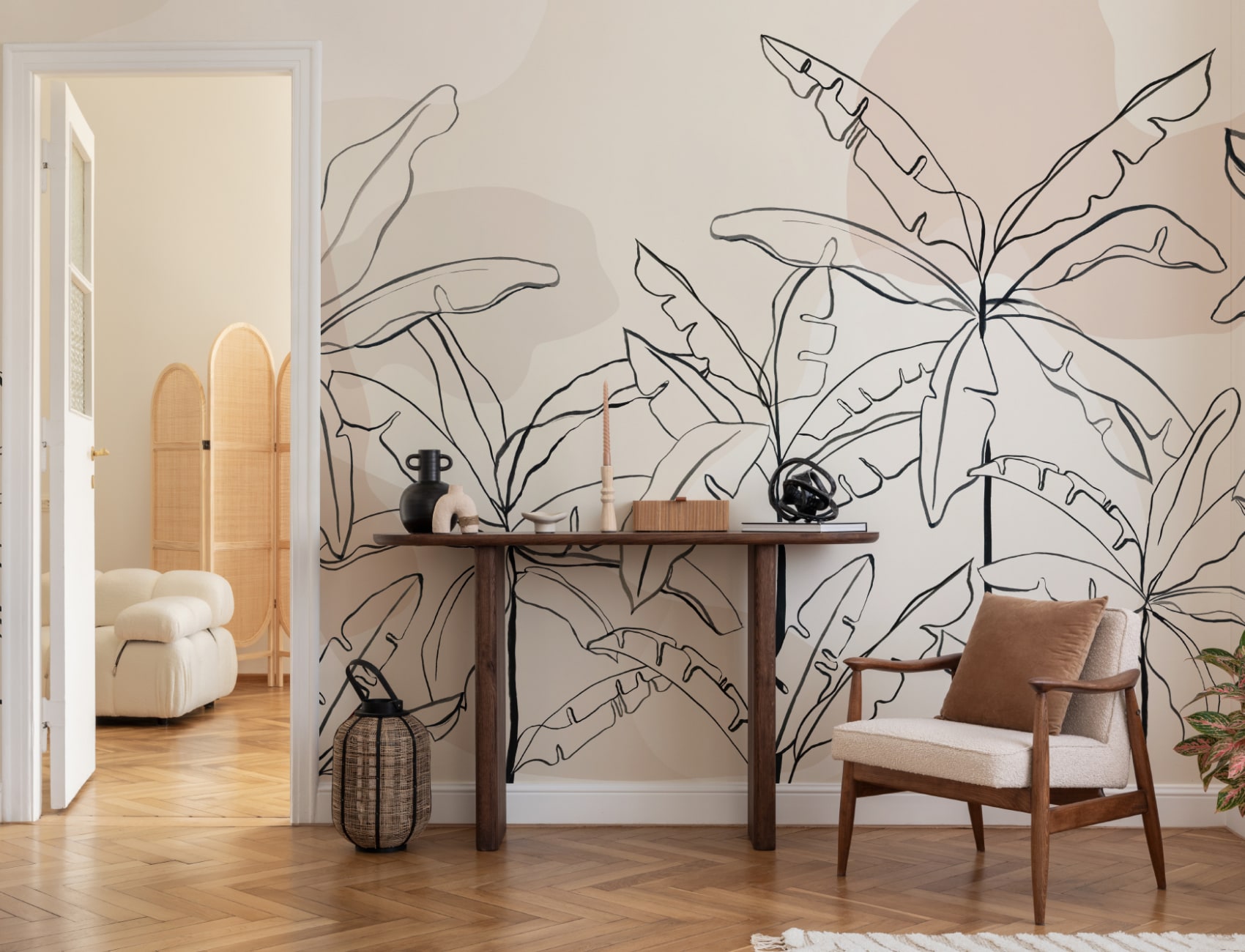 Neutral Pink Inky Tropical Wallpaper Mural