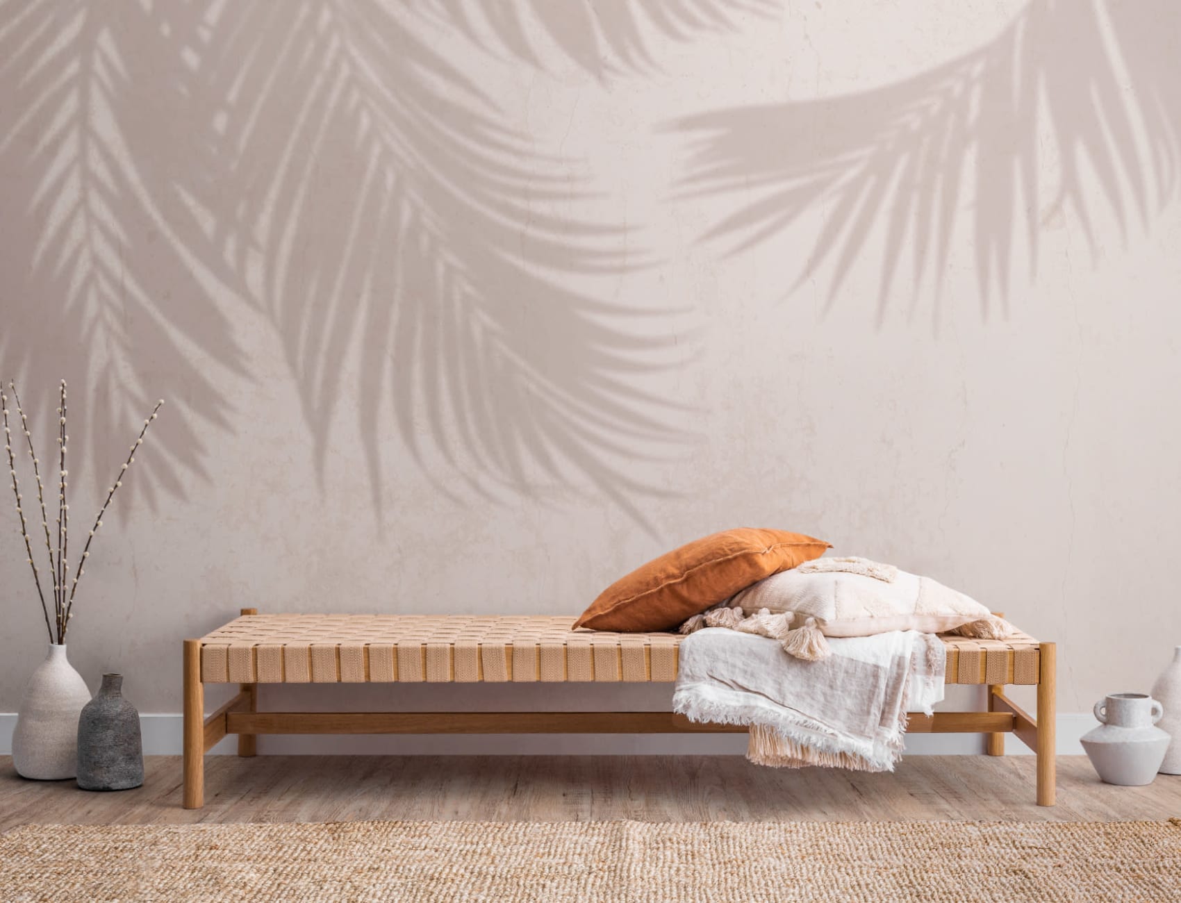 Neutral Palm Leaf Shadow Concrete Effect Wallpaper Mural