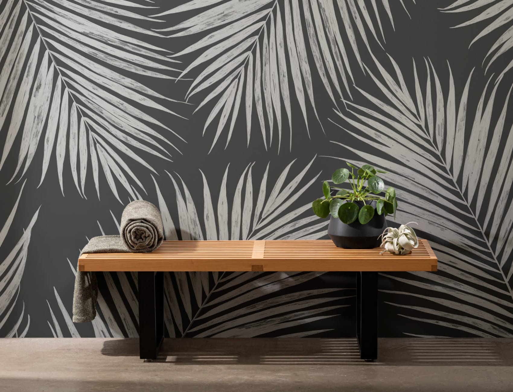 Black and White Illustrated Tropical Palm Leaf Wallpaper Mural