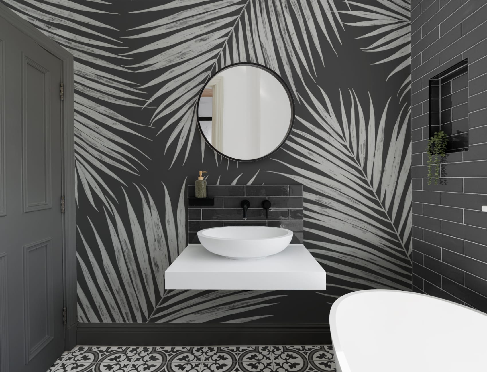 Black and White Illustrated Tropical Palm Leaf Wallpaper Mural