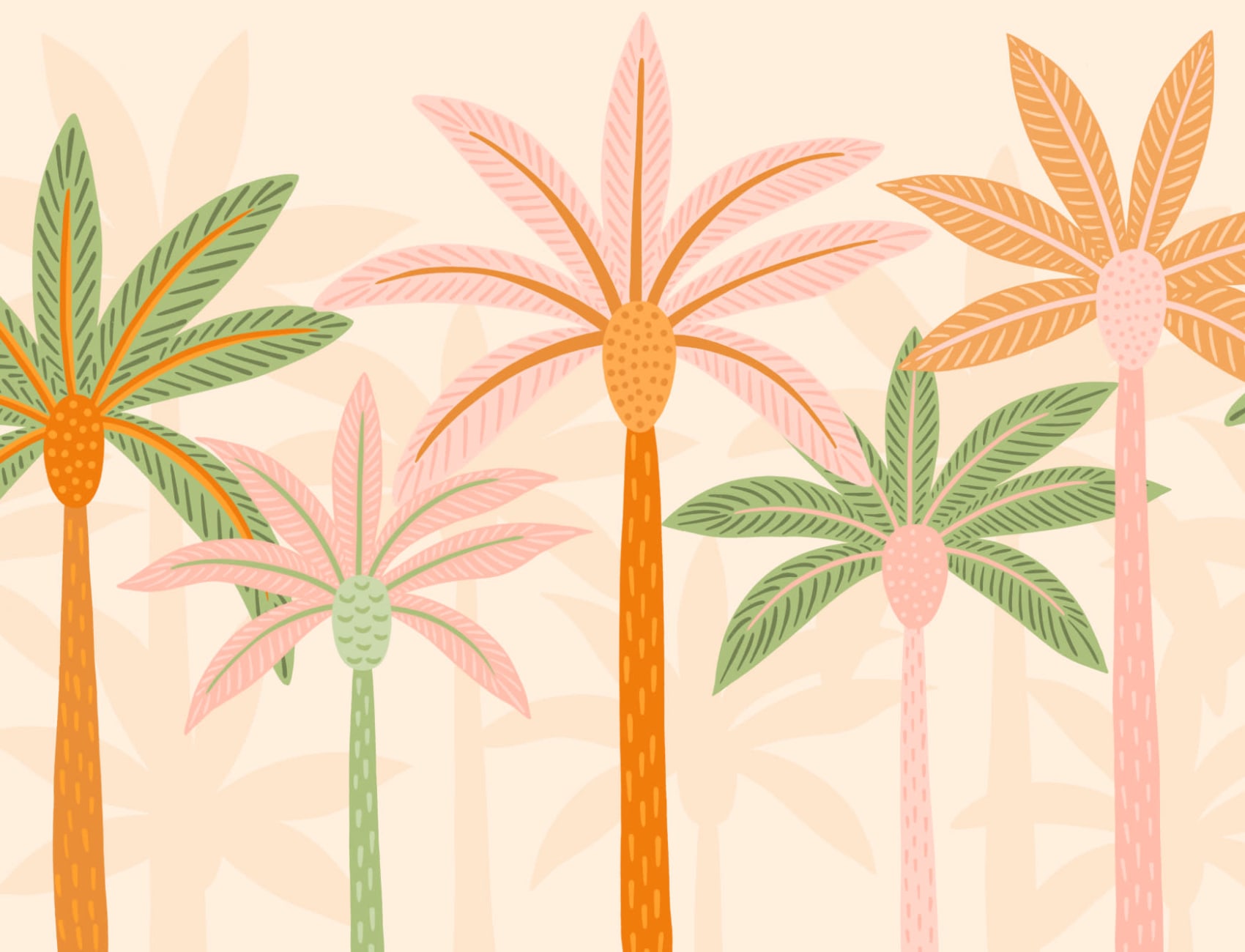 Kleurrijk Beeldverhaal Palm Bomen Boho Behang Muurschildering