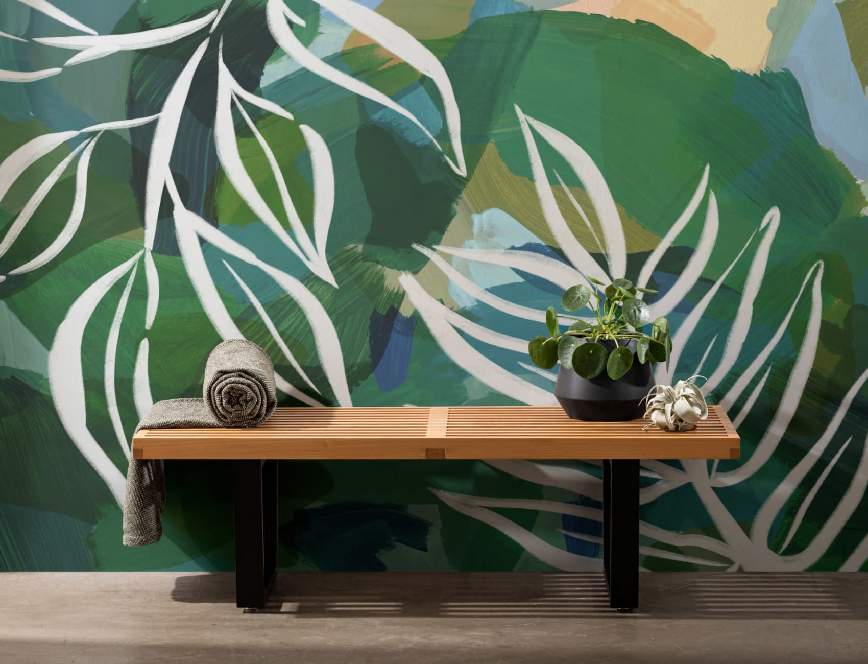 Blauw en Groen Abstract Botanische Muurschildering