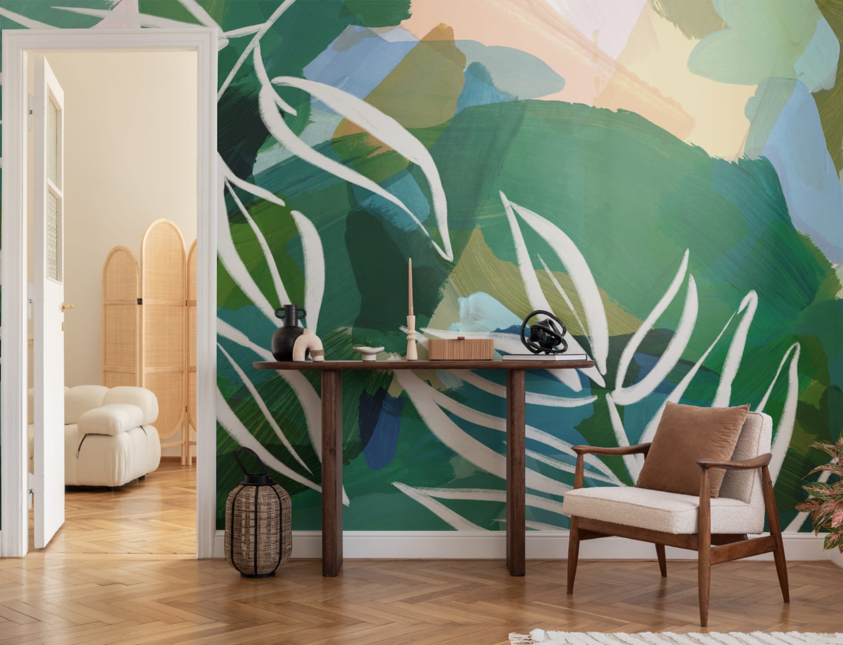 Blauw en Groen Abstract Botanische Muurschildering