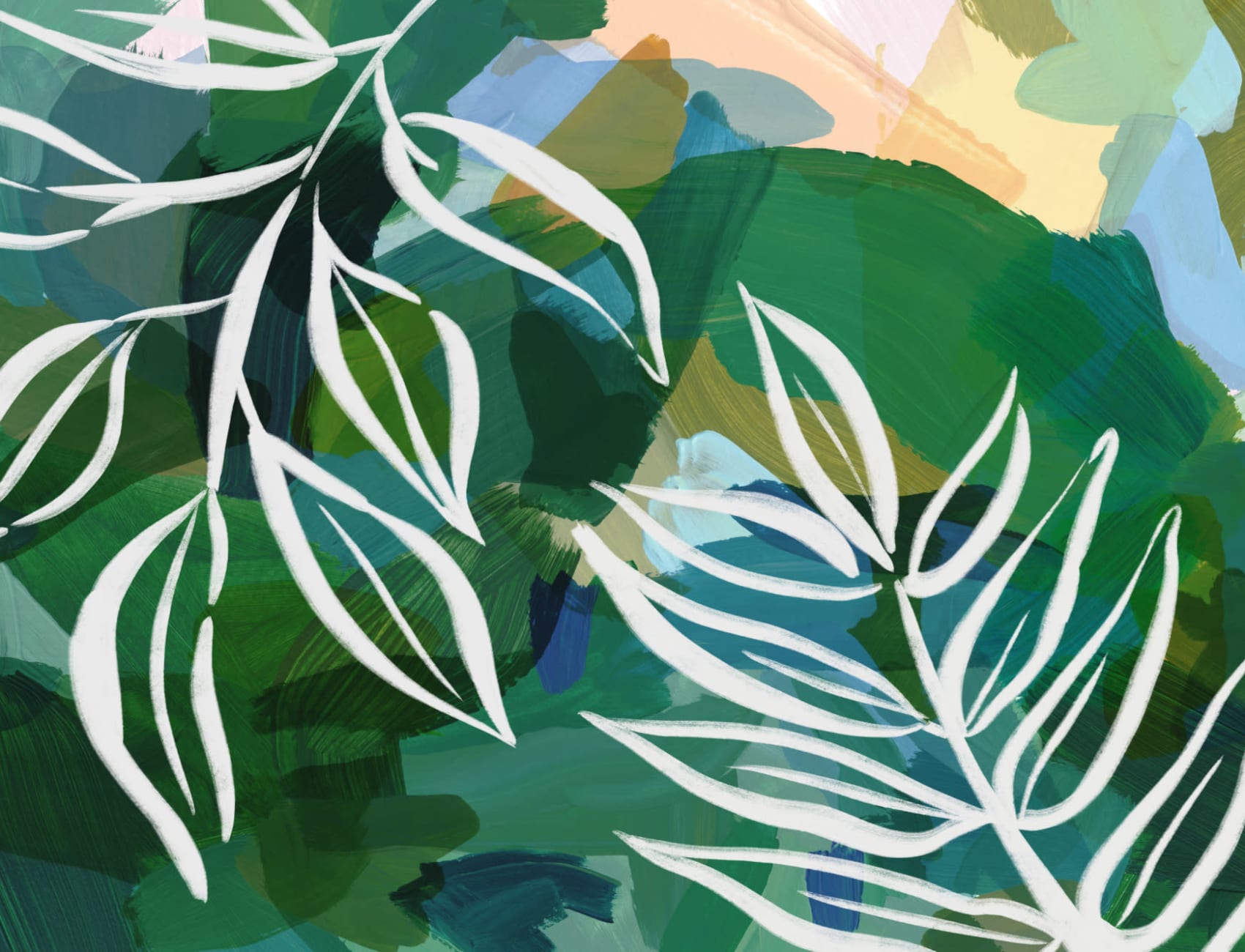 Blauw en Groen Abstract Botanische Muurschildering