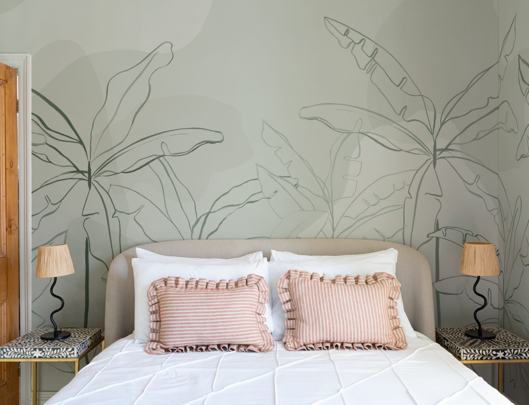 Green Tropical Wall Mural with Inky Banana Leaf Illustration