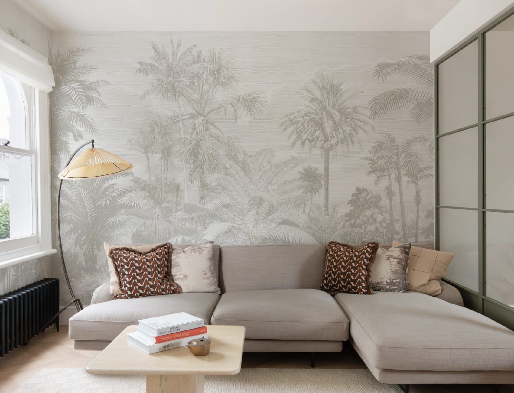 Lacandon Grey Wall Mural Tropical Palm Forest with Vintage Etching Detail