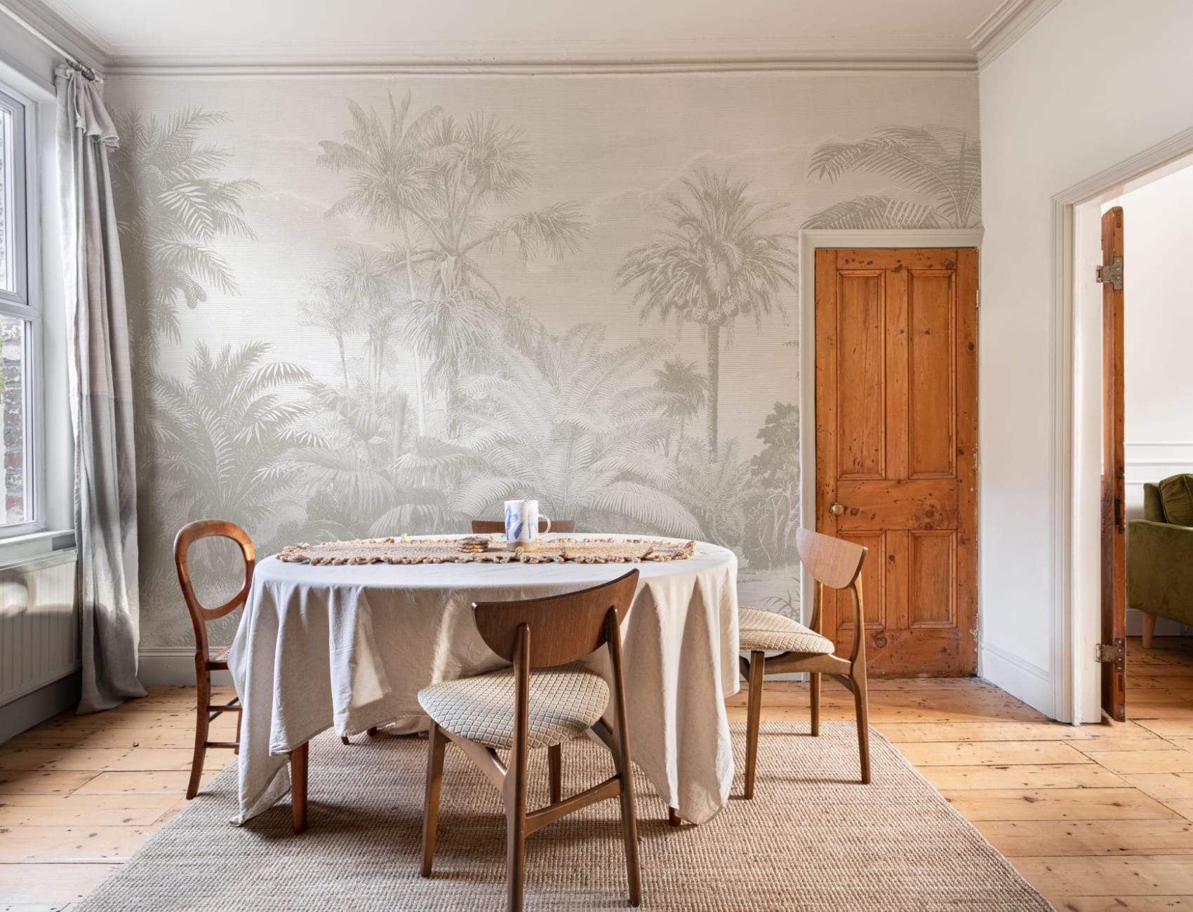 Lacandon Grey Wall Mural Tropical Palm Forest with Vintage Etching Detail