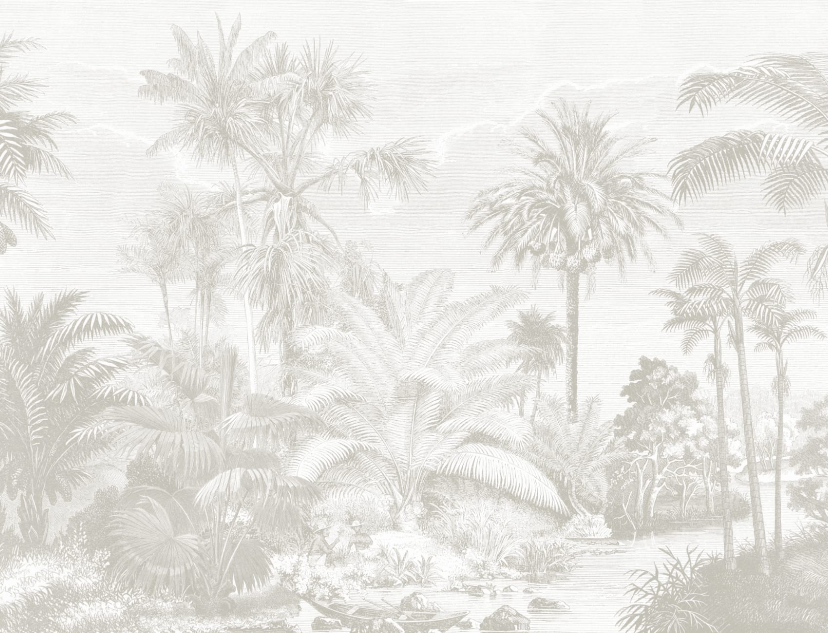 Lacandon Grey Wall Mural Tropical Palm Forest with Vintage Etching Detail