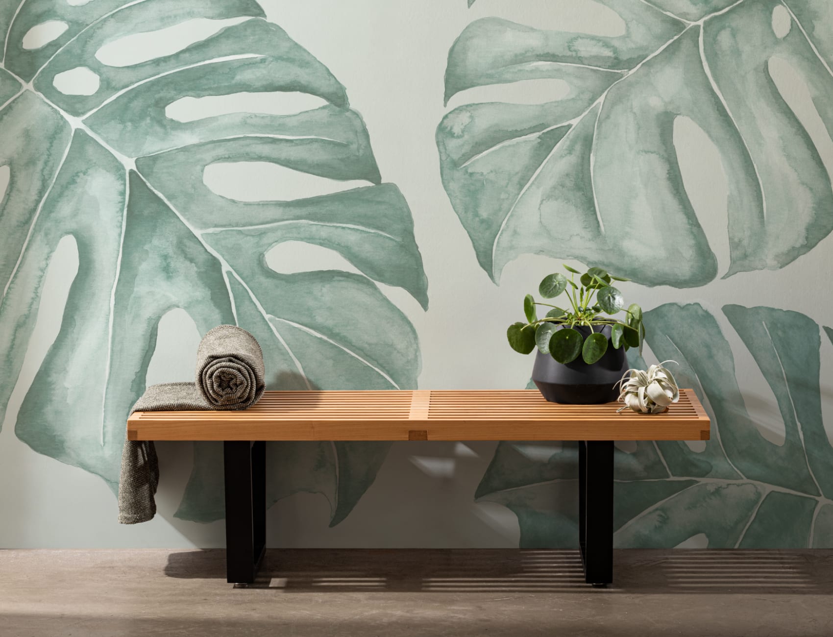 Green Watercolor Monstera Leaf Mural