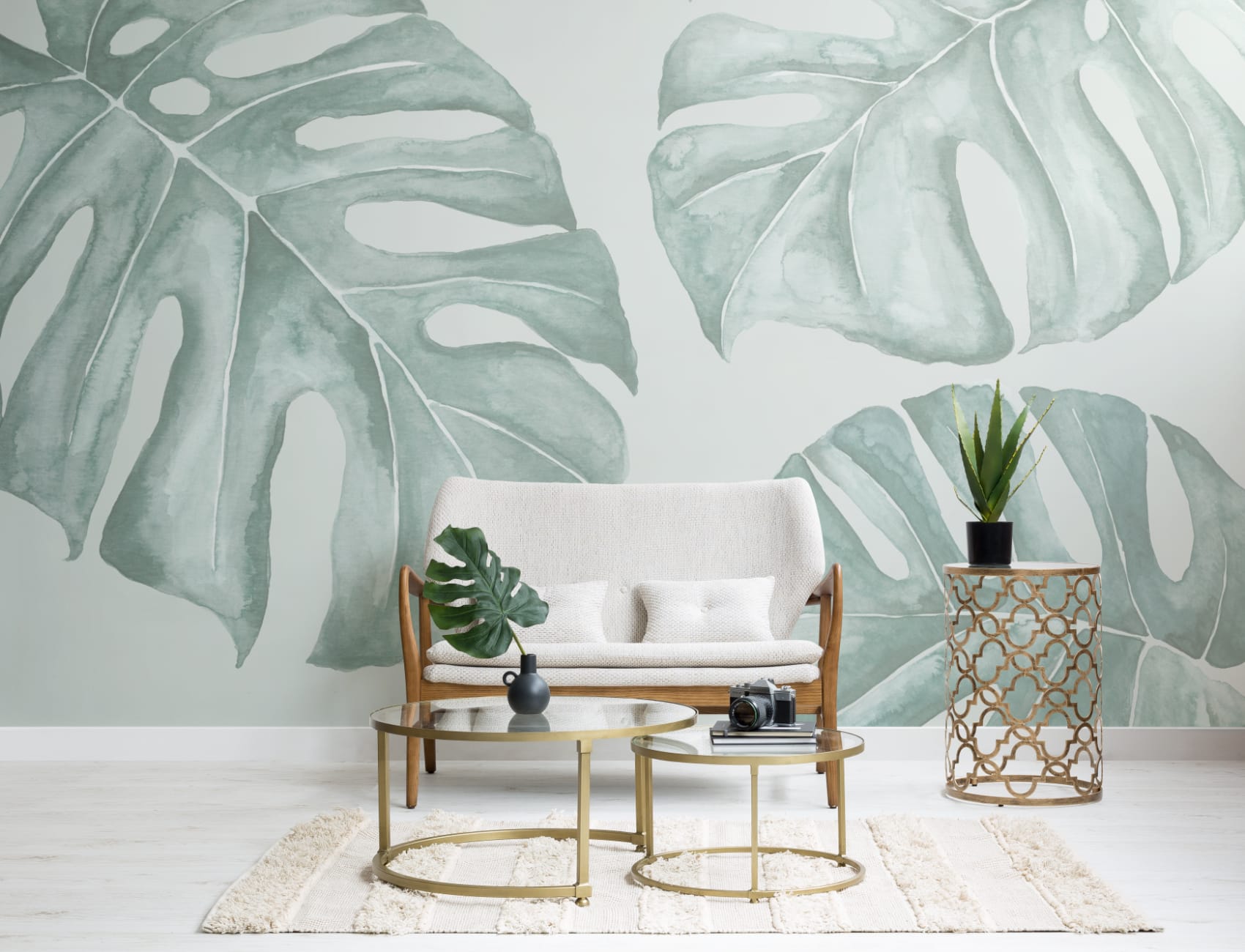 Green Watercolor Monstera Leaf Mural