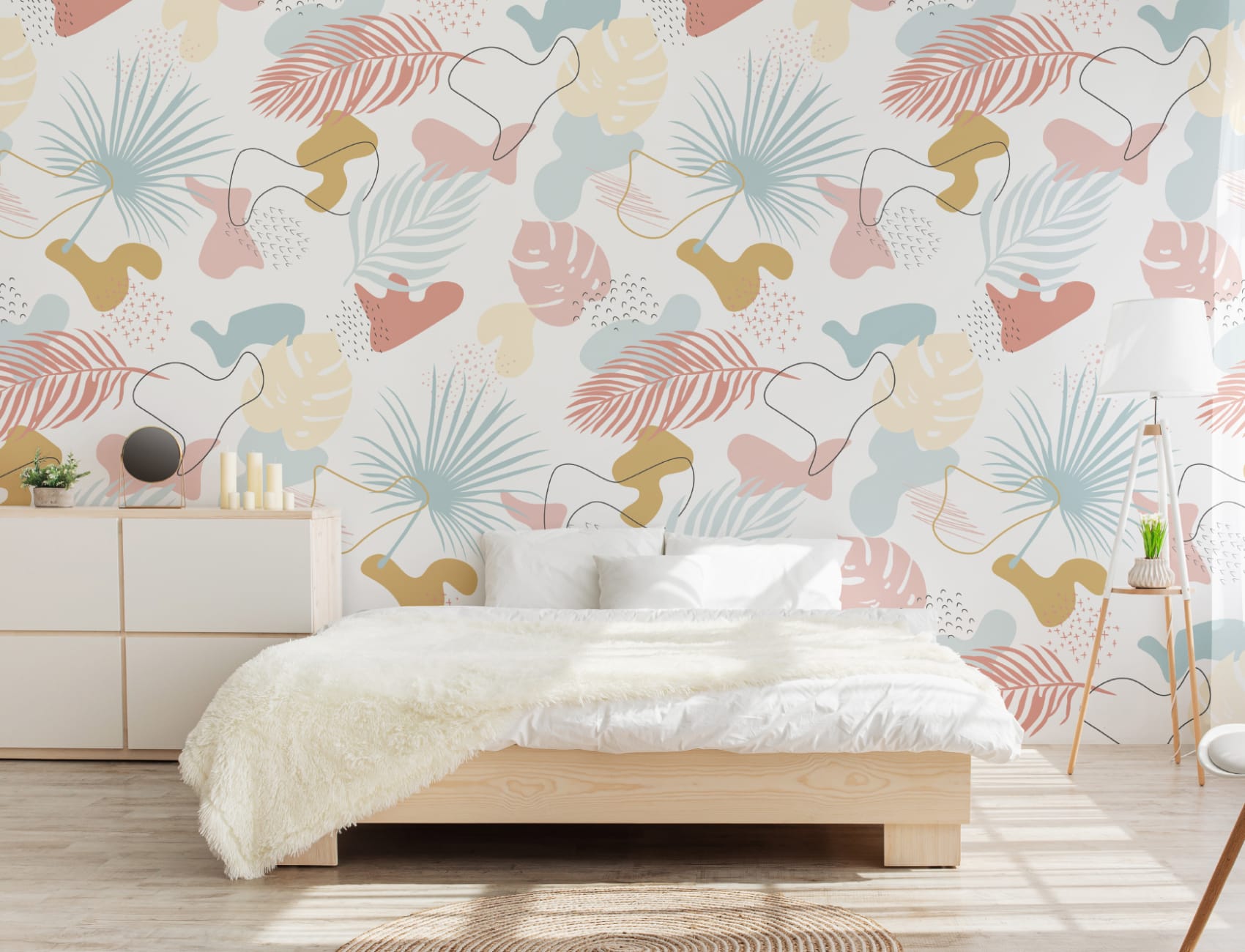 Modern Pastel Tropical Leaf Collage Pattern Wallpaper Mural