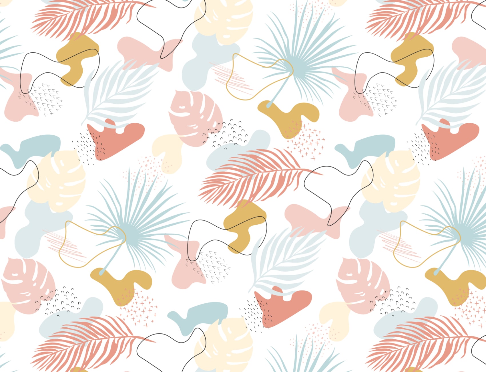 Modern Pastel Tropical Leaf Collage Pattern Wallpaper Mural