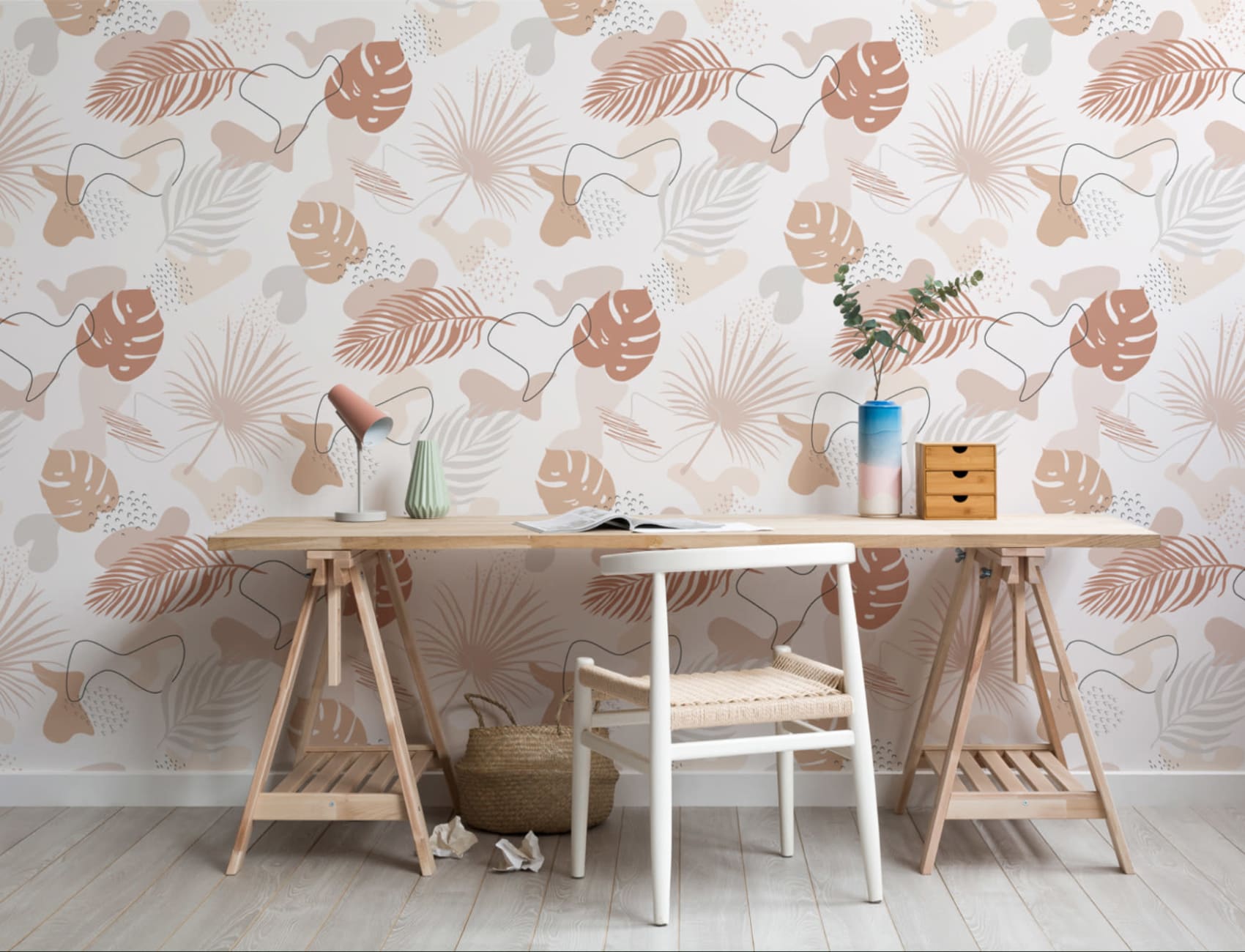 Neutral Colors Tropical Leaf Collage Pattern Wallpaper Mural