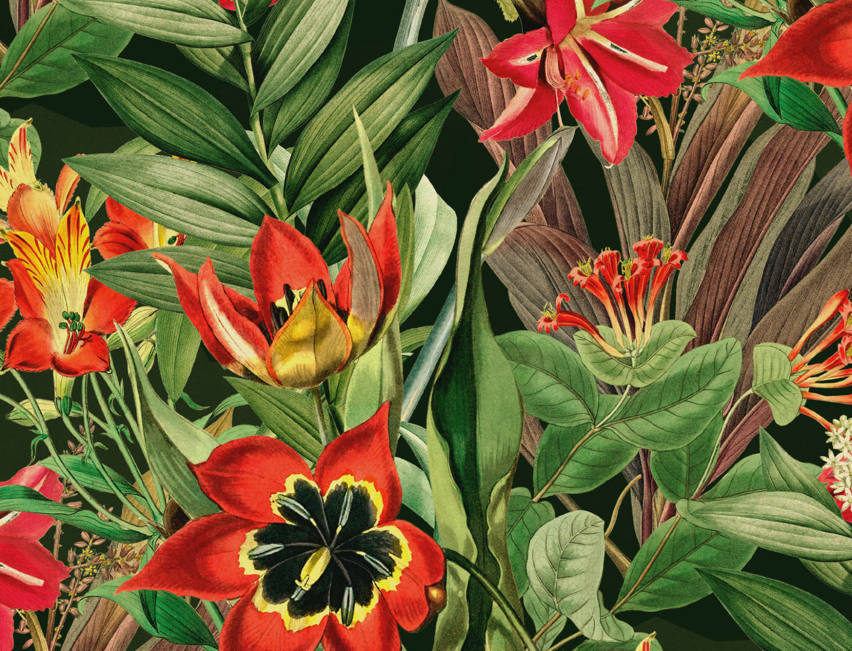 Vintage Tropical Foliage Dark Green Repeat Pattern Wallpaper
