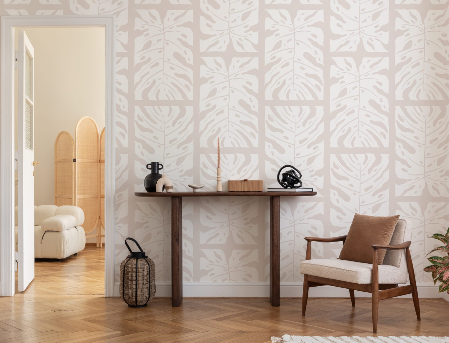 Beige Repeat Tiled Monstera Leaf Wallpaper Mural
