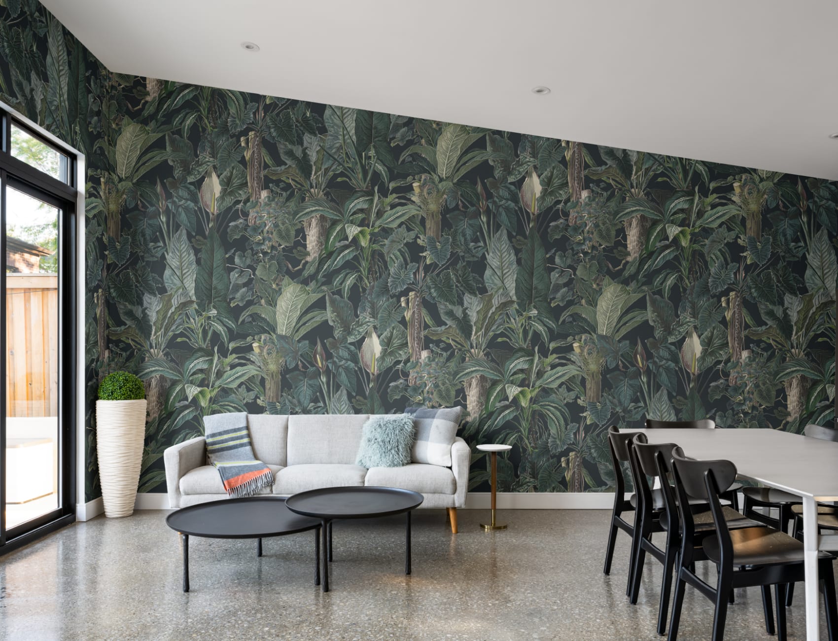 Dark Tropical Illustrated Leafy Plants Mural
