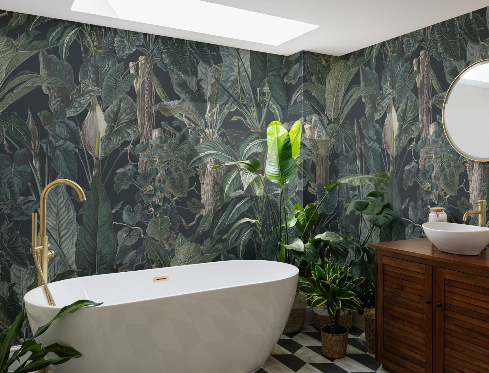 Dark Tropical Illustrated Leafy Plants Mural