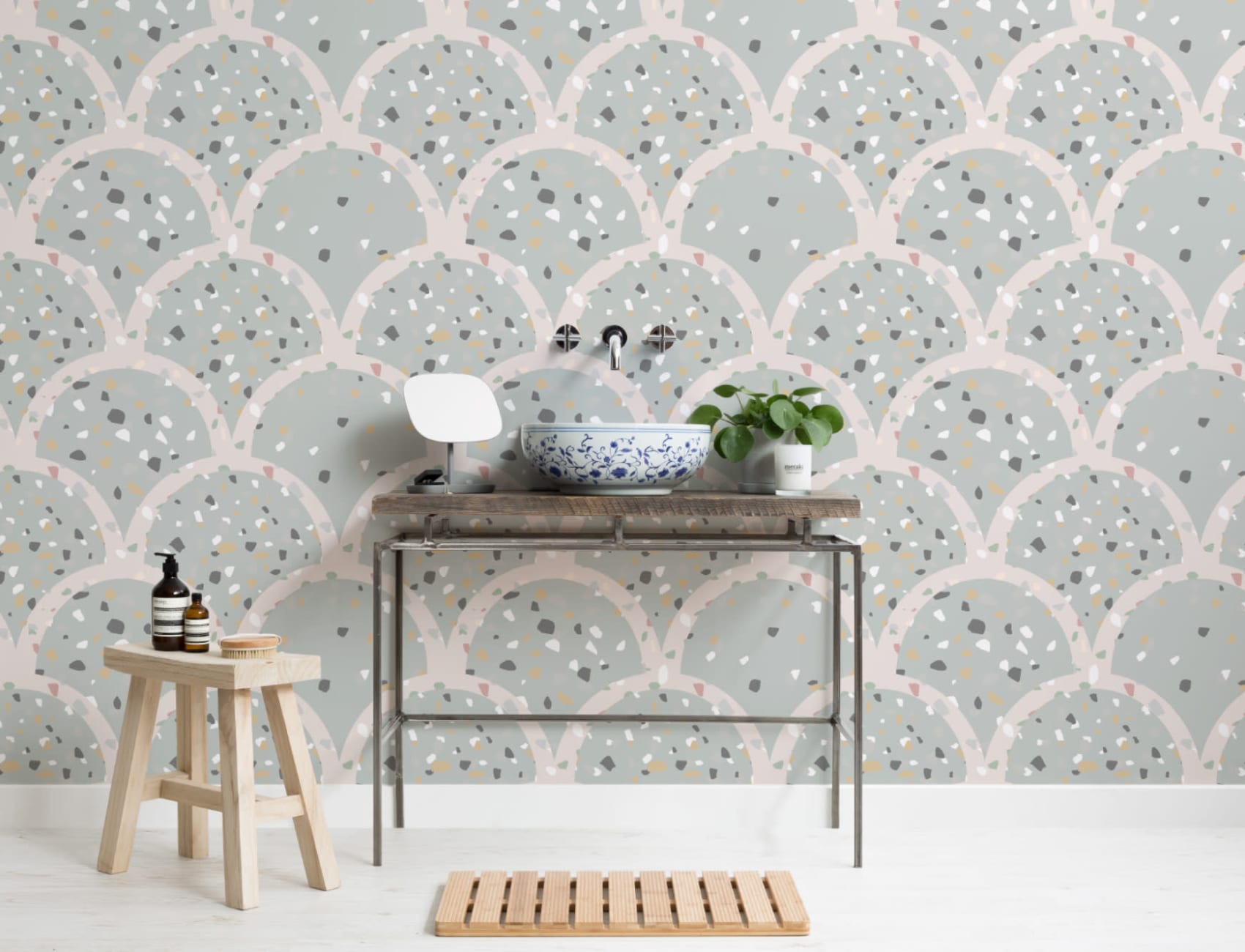 Sage Green Terrazzo Scallop Pattern Wallpaper Mural