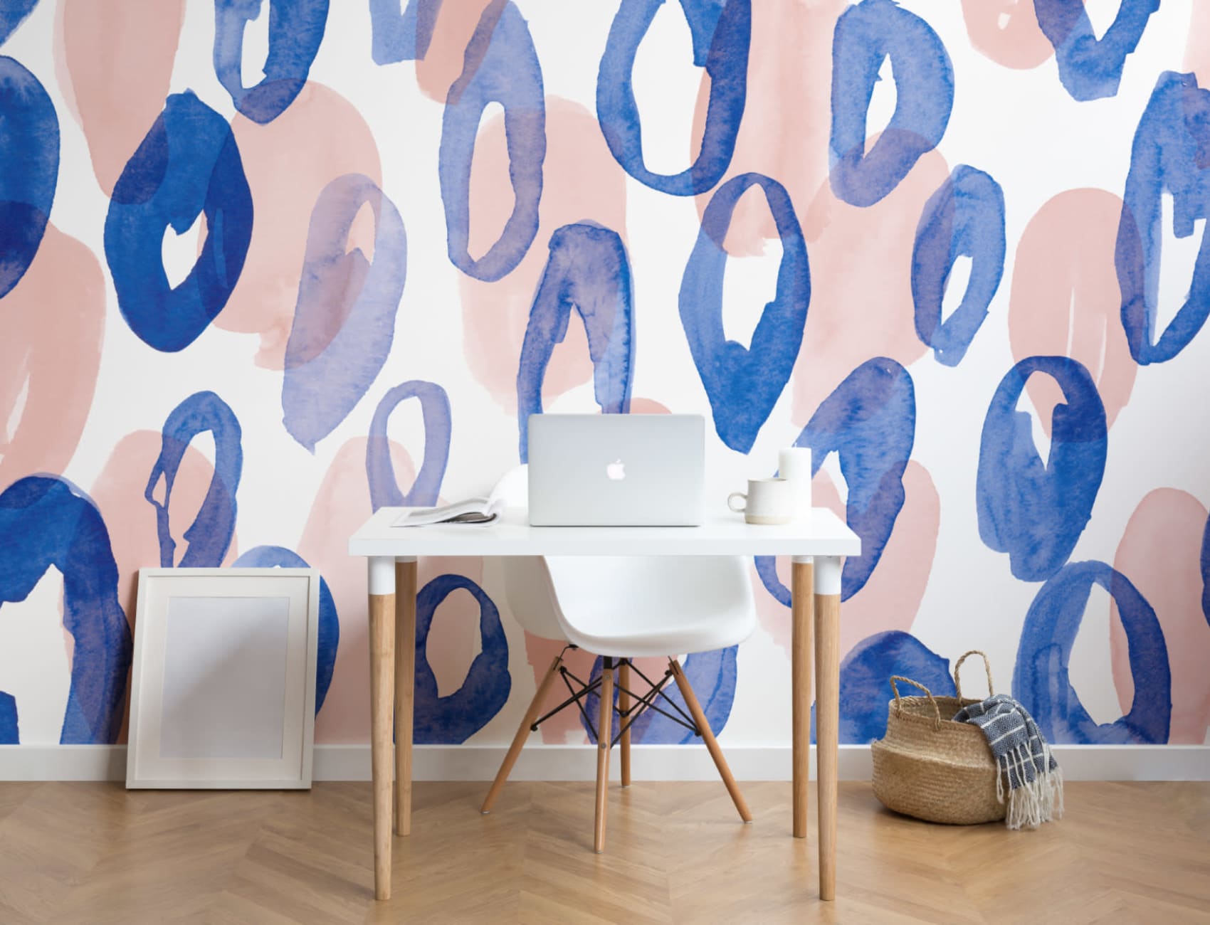 Mural Papel Pintado Acuarela Azul y Melocotón con Manchas de Leopardo