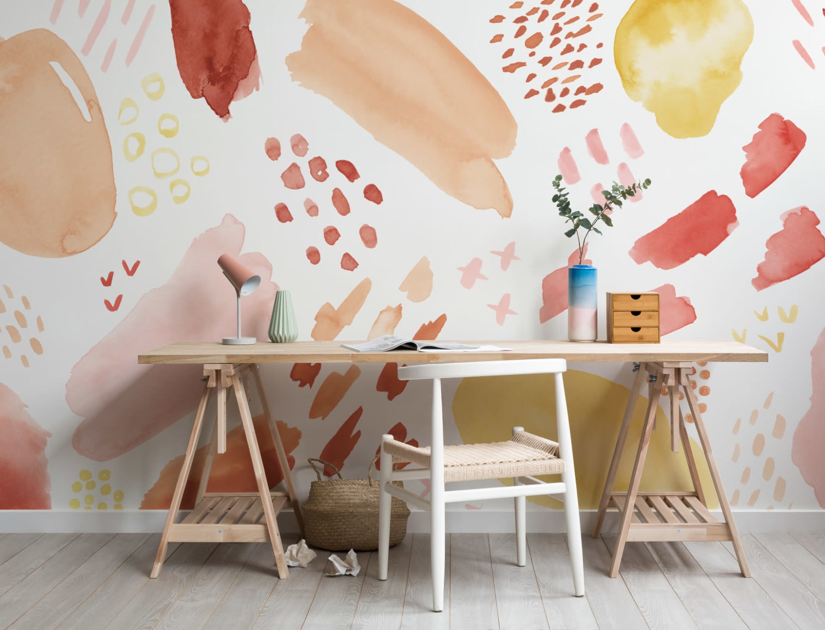 Peach & Orange Abstract Watercolor Brush Marks Wallpaper Mural
