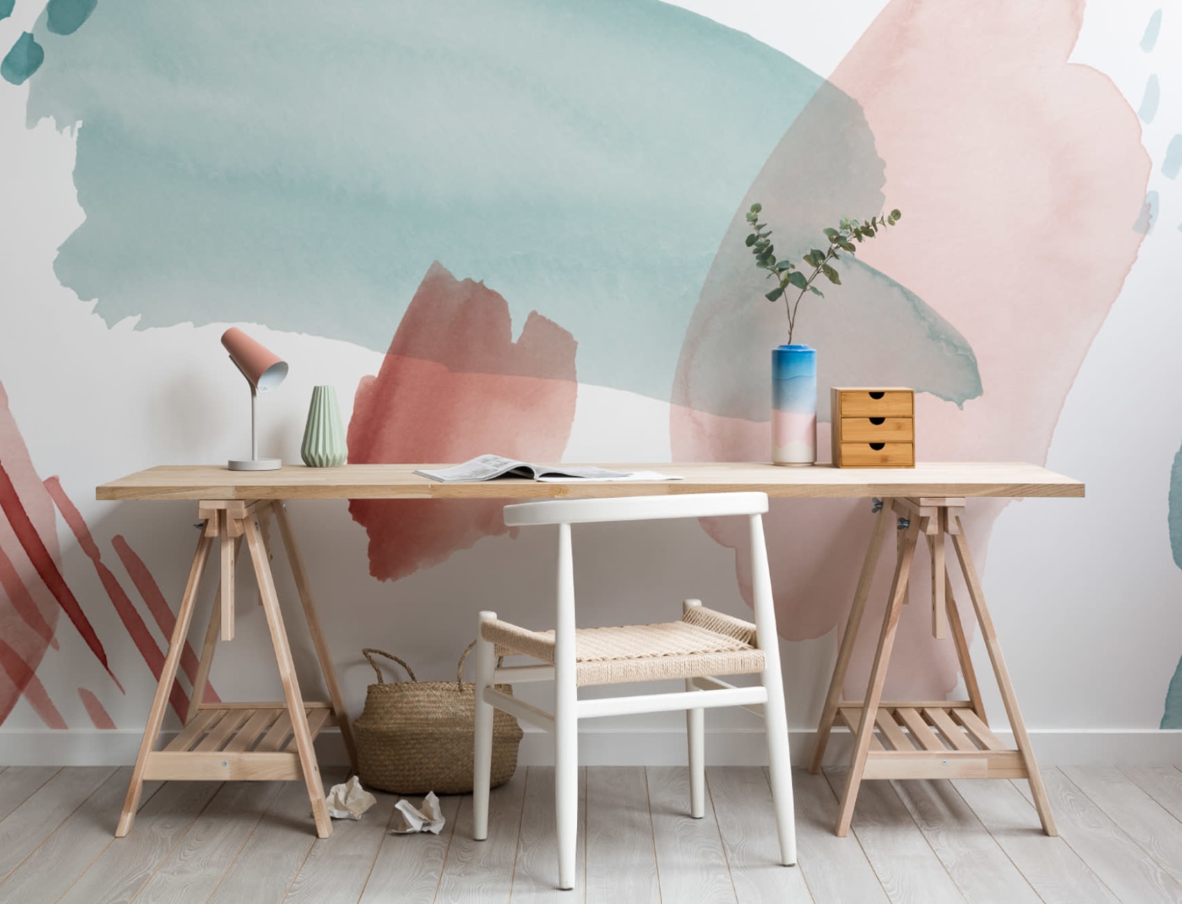 Blue & Pink Abstract Watercolor Paint Wallpaper Mural