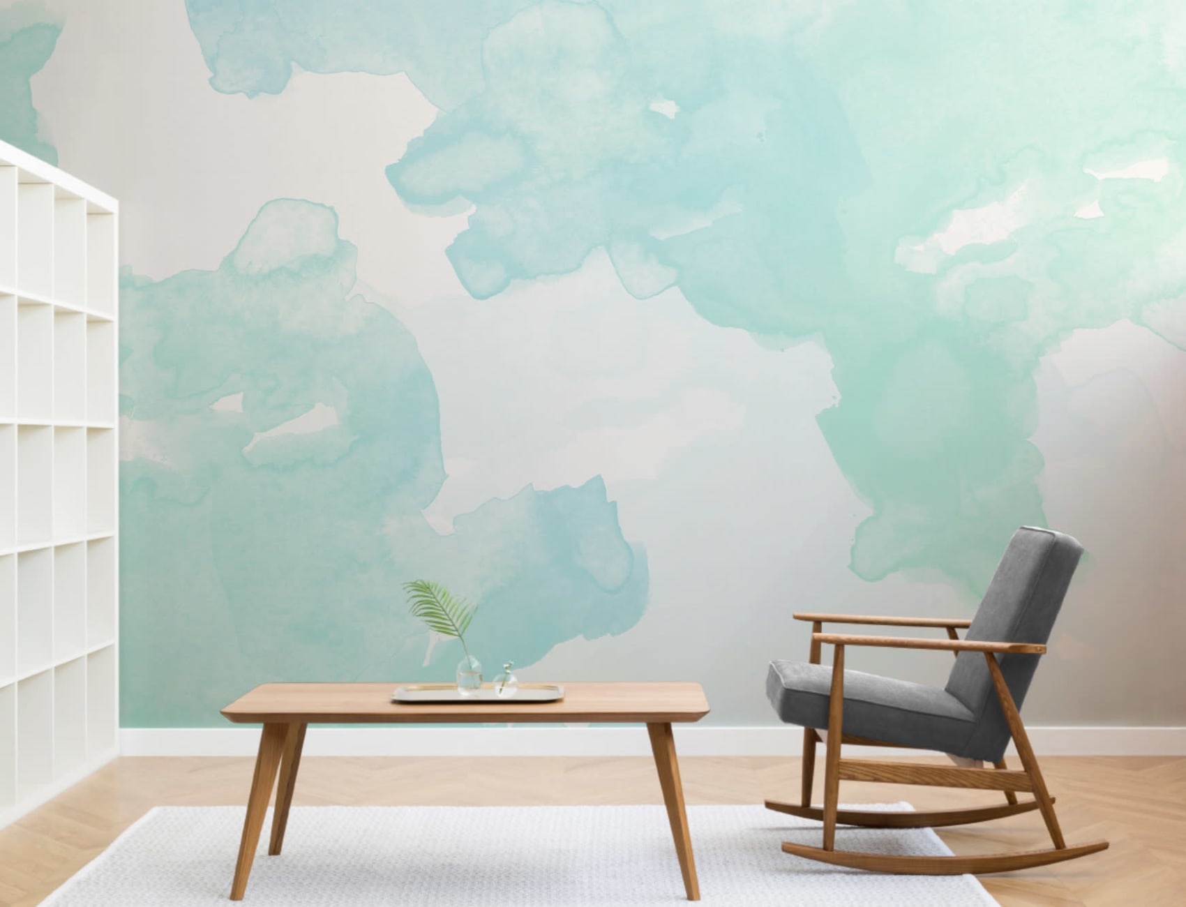 Pastel Green & Blue Ombre Watercolor Inkspill Wall Mural