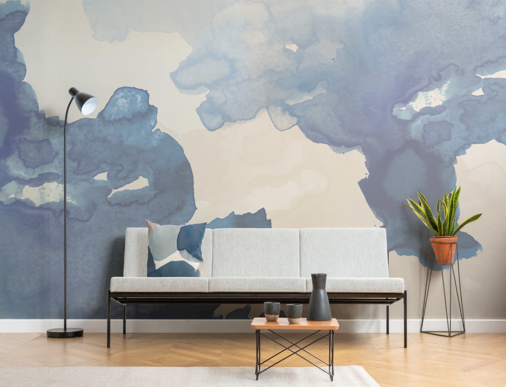 Blue Ombre Watercolour Inkspill Wall Mural