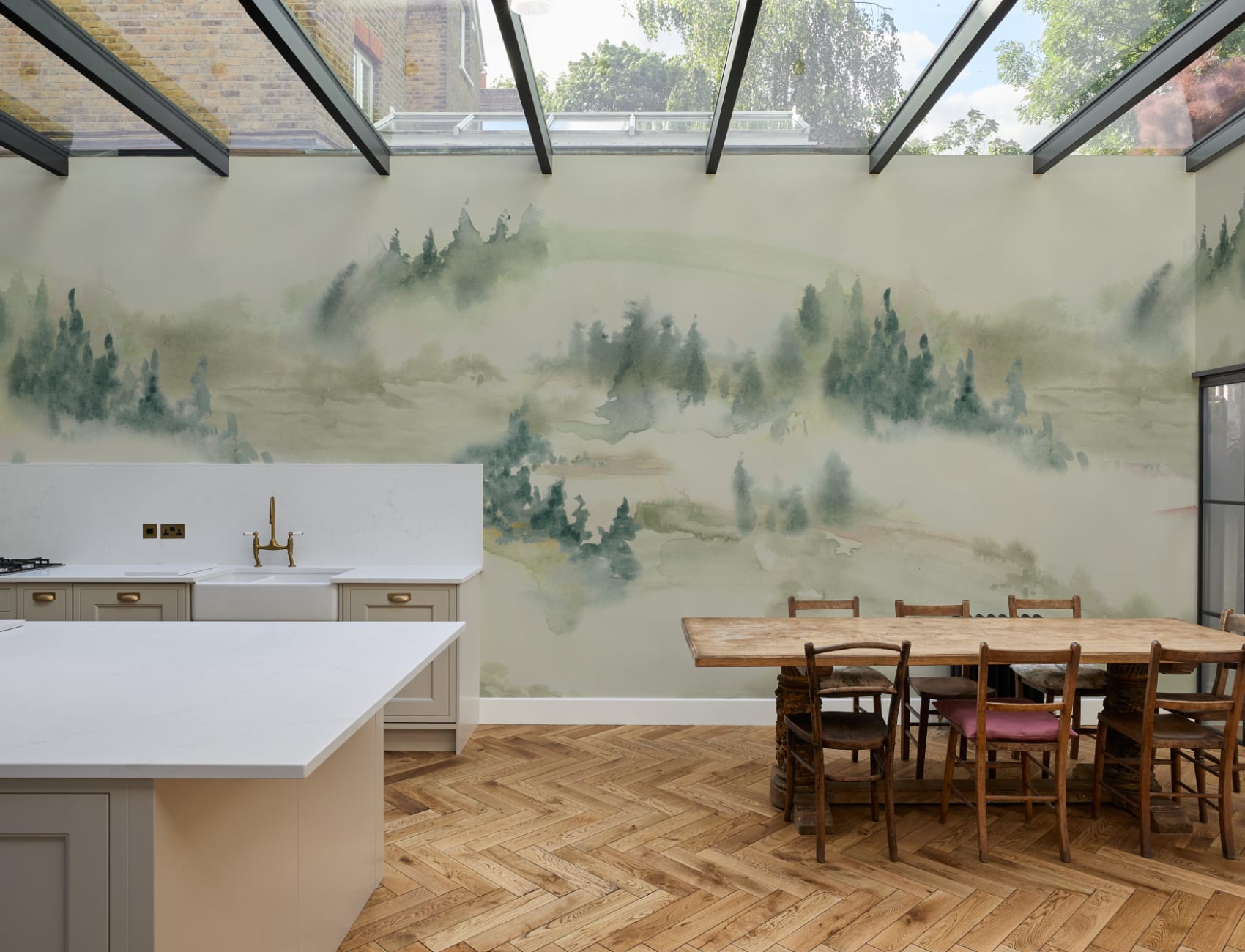 Green Serene Landscape Watercolor Mural For Tranquil Spaces