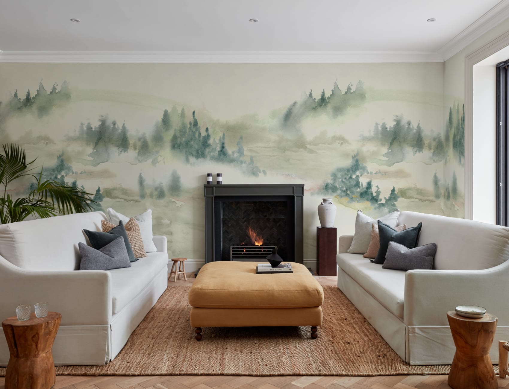 Green Serene Landscape Watercolor Mural For Tranquil Spaces