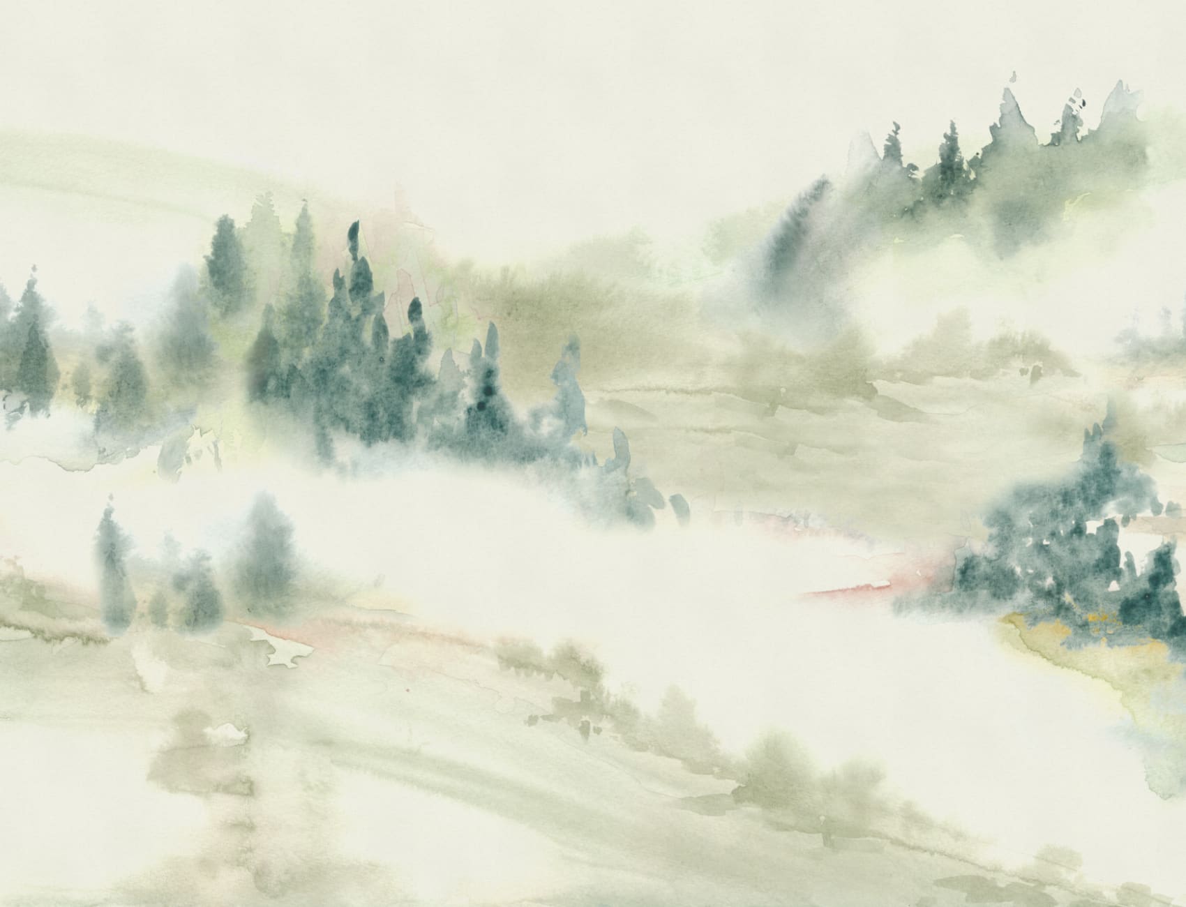 Green Serene Landscape Watercolor Mural For Tranquil Spaces